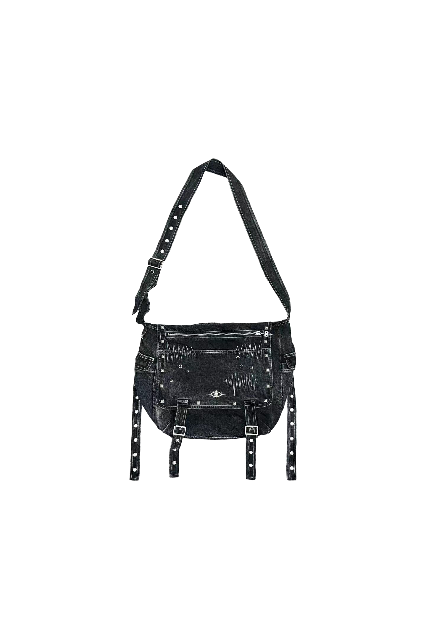 Washed Distressed Rivet Zipper Embroidery Crossbody Denim Bag