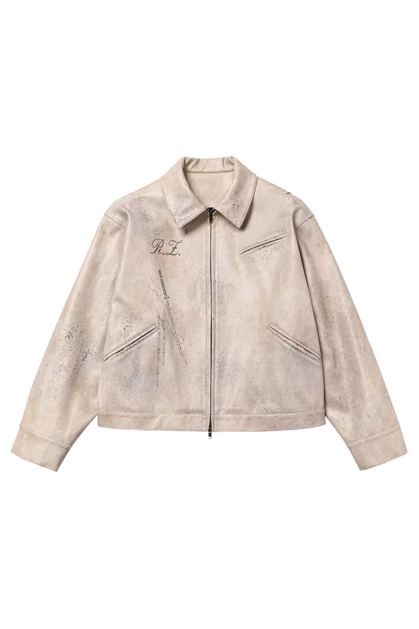 REGEN ZONE Distressed White Ink-splattered Vintage Leather Jacket