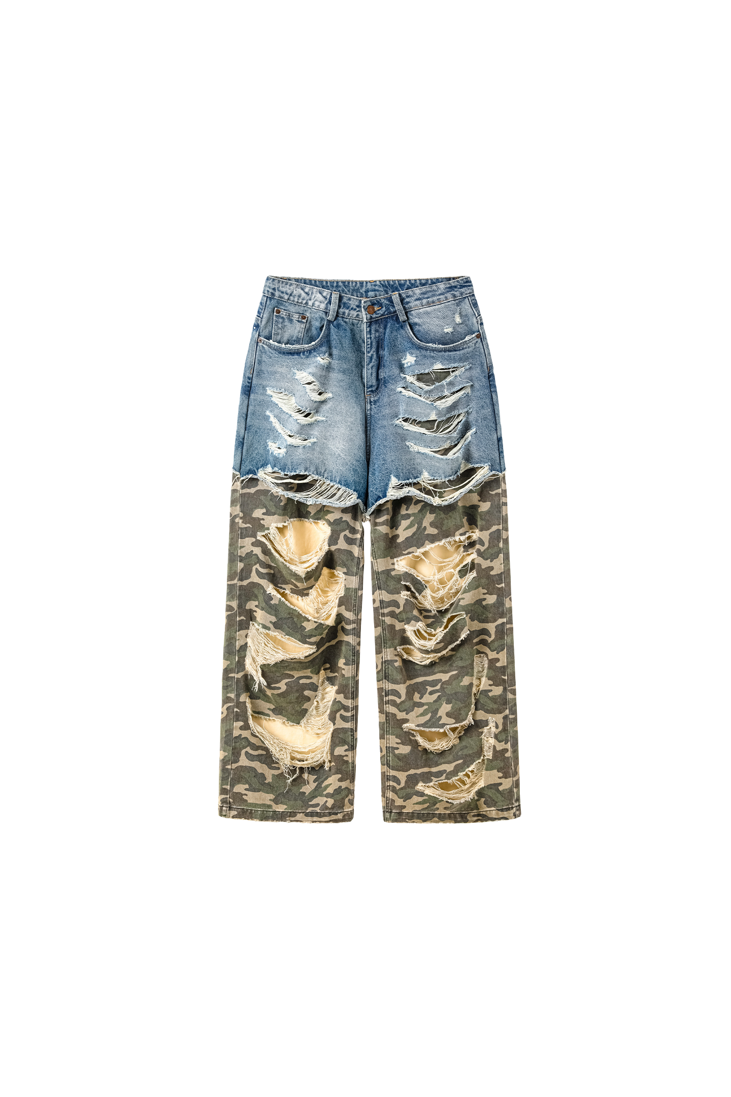 Washed Stitching Camouflage Erosion Damaged Jeans